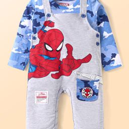Babyhug Marvel Single Jersey Knit Full Sleeves T-Shirt & Full Length Dungaree Set with Spider-Man Graphics - Light Grey-image-91