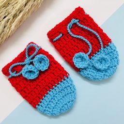 Little Peas Woollen Crochet Designed Colour Blocked Mittens - Red & Light Blue-image-29