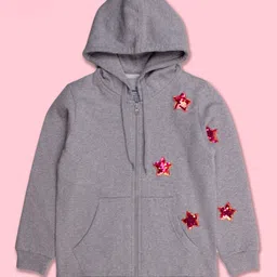 Kiddopanti Fleece Full Sleeves Heart Appliques Front Zip Opening Hooded Sweatshirt - Grey Melange-picture-11