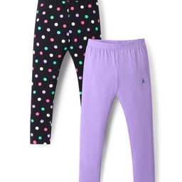 Pine Kids Cotton Lycra Knit Full Length Leggings with Polka Dots Print Pack of 2 - Black & Lavender-image-73
