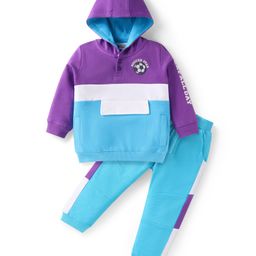 Babyhug Terry Knit Full Sleeves Cut & Sew Hooded T-Shirt & Lounge Pant Set with Text Print - Blue & Purple-image-36