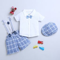 BUMZEE Interlock Kit Half Sleeves Shirt & Checkered Shorts Set with Bow Suspended & Hat - Light Blue & White-image-55