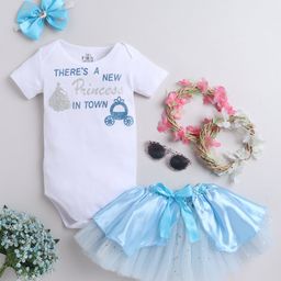 TINY MINY MEE Elastane Half Sleeves Theres New Princess In Town Printed Onesie With Net Tutu Skirt & Headband Set - Blue-image-92