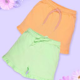 Kiddopanti Pack Of 2 Cotton Bottom Hem Frill Detailed Solid Shorts - Peach Orange & Pista Green-image-69