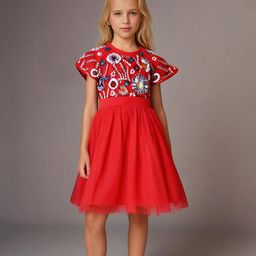 Cherry Crumble By Nitt Hyman Short Sleeves Floral Shaped Sequins & Beads Embellished Dress - Red-image-52