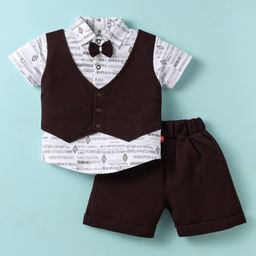 Mini Taurus Interlock Knit Half Sleeves Printed T-Shirt & Shorts With Attached Waistcoat & Bow Applique - Wine-image-76
