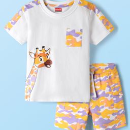 Babyhug Single Jersey Knit Half Sleeves T-Shirt & Shorts Set With Giraffe & Camouflage Print - White-image-81