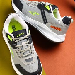 asian Mesh Detailed & Colour Blocked With Lace Up Running Shoes - Grey & Green-image-94