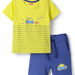 Babyhug Single Jersey Knit Half Sleeves T-Shirt & Shorts Set With Car Print & Patch - Yellow & Blue-image-82