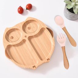 Kids Station 4 Piece Bamboo Feeding Set for Babies Includes Owl Shaped Plate with Suction Base, Spoon and Fork, Baby Tableware Set for Toddlers Eco Friendly and BPA Free in Pink-6
