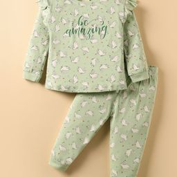 CUCUMBER Sinker Knit Full Sleeves Co-ords Night Suit with Duck Print & Frill Detailing - Light Green-picture-40