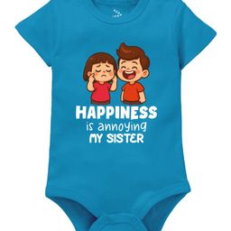 Zeezeezoo Cotton Knit Raksha Bandhan Theme 100% Cotton Knit Half Sleeves Happiness Is Annoying My Sister Text Printed Onesie - Blue-image-31