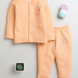 BUMZEE Cotton Knit Full Sleeves Thermal T-Shirt & Lounge Pant Set With Cat Print - Orange-picture-9