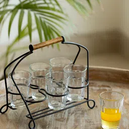 ExclusiveLane Rail Express Transparent 7 Pcs Textured Tea Glasses With Holder 120 ml Each-image-83
