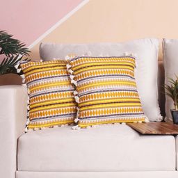 STITCHNEST Yellow & White 2 Pieces Ethnic Motifs Woollen Square Cushion Cover-image-17
