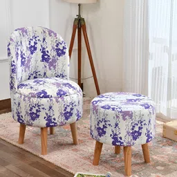 NACIA Blue & Pink 2 Pieces Printed Wooden & Velvet Cylindrical & Round Pouffe Ottomans-image-68