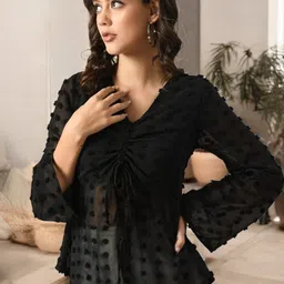 ZEUGEN Women Solid Gathered or Pleated V-Neck Empire Top-picture-3