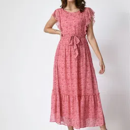 Fuchsia Women Flutter Sleeve Fit & Flare Midi Dress-image-18