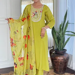 kotrons Women Floral Embroidered Kurta with Trousers & Dupatta-picture-12
