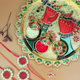 Anouk Set of 3 Beaded Rakhi with Card & Roli Rice Pooja Thali-80