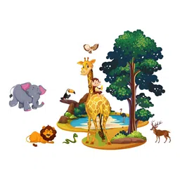 LANSTICK Green & Yellow Tree With Wild Animals Printed Wall Stcikers-image-1