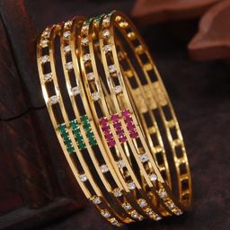 SGA FASHION Set Of 4 Gold-Plated American Diamond Stones Studded Bangles-24