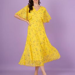 Curvydrobe Women Floral Print Flared Sleeve Fit & Flare Midi Dress-picture-19