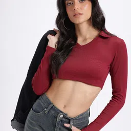 glitchez Ribbed Bodycon Fit Polo Super Crop Top-image-18