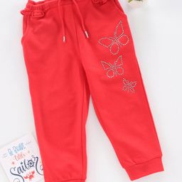 Babyoye Full Length Cotton Lounge Pant with Studded Butterflies - Red-image-75
