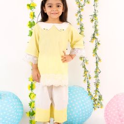 Little Bansi Three Fourth Sleeves Floral Lace Detailed Kurta With Pants - Yellow-image-32