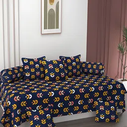 AMRANGE Navy Blue & Yellow 8 Pcs Floral Printed Bedsheet with Bolster and Cushion Covers-50