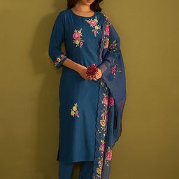 Indo Era Floral Embroidered Thread Work Straight Kurta with Trousers & Dupatta-image-41