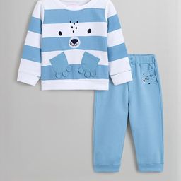 Hopscotch Boys White & Blue Striped Round Neck Cotton Sweatshirt & Slip On Jogger Set-picture-48