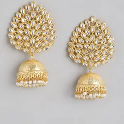 Anouk Gold Plated Artificial Stones Studded & Beaded Dome Shaped Jhumkas image 2