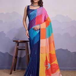Ishin Colourblocked Embellished Striped With Mukaish Work Saree-image-4