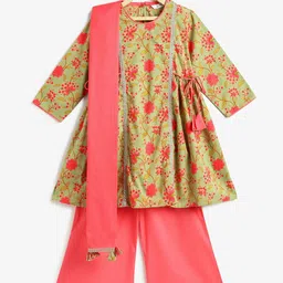 Campana Girls Floral Printed Angrakha Thread Work Pure Cotton Kurta with Palazzos & With Dupatta-picture-4