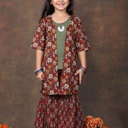 Sangria Girls Ethnic Motifs Printed Cotton Top with Sharara-image-71