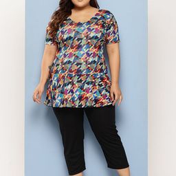 BAESD Abstract Printed Plus Size Swim Suit With Swimming Cap-20