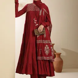 KIMAYRA Women Floral Embroidered Cotton Anarkali Tiered Kurta with Trousers & Dupatta-image-52