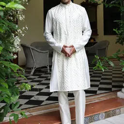 PATR Geometric Embroidered Mandarin Collar Sequinned Straight Kurta With Trousers-picture-13