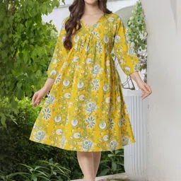 HERE&NOW Women Mustard Printed Cotton Dresses-picture-27
