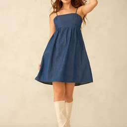 Virgio Women Pure Cotton Square Neck Mini Solid Sleeveless Denim Fit & Flare Mini Dress-image-66
