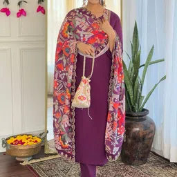 Growdamy Floral Yoke Design Sequinned Straight Kurta With Trousers & Dupatta-50