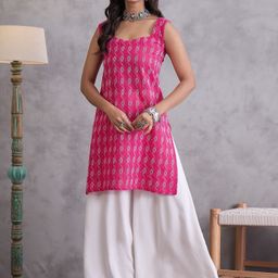 InWeave Women Ethnic Motifs Embroidered Regular Kantha Work Pure Cotton Kurti with Palazzos-image-24