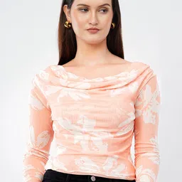 Deshi Girl Women Floral Printed Cowl Neck Fitted Net Top-picture-3