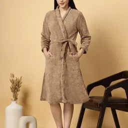 FABINALIV Women Beige Cotton Bath Robe With Belt-46