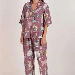 Masha Women Mauve Viscose Rayon Printed Night suit-picture-1
