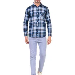 DESIGN UP Men Classic Spread Collar Tartan Checked Cotton Slim Fit Casual Shirt-image-67