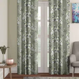 Aura Green & White Set of 2 Floral Black Out Long Door Curtain-image-55