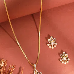 Anouk Pearl American Diamond AD & CZ Stone-Studded Chain Pendant Earrings Jewelry Set-58